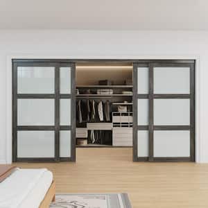 144 in. x 79 in. 3-Lites Tempered Frosted Glass Dark Walnut MDF Closet Sliding Door with Hardware Kit