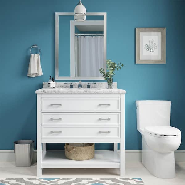 Home Decorators Collection Everett 37 in. W x 22 in. D x 36 in. H Single Sink Freestanding Bath Vanity in White with Carrara Marble Top
