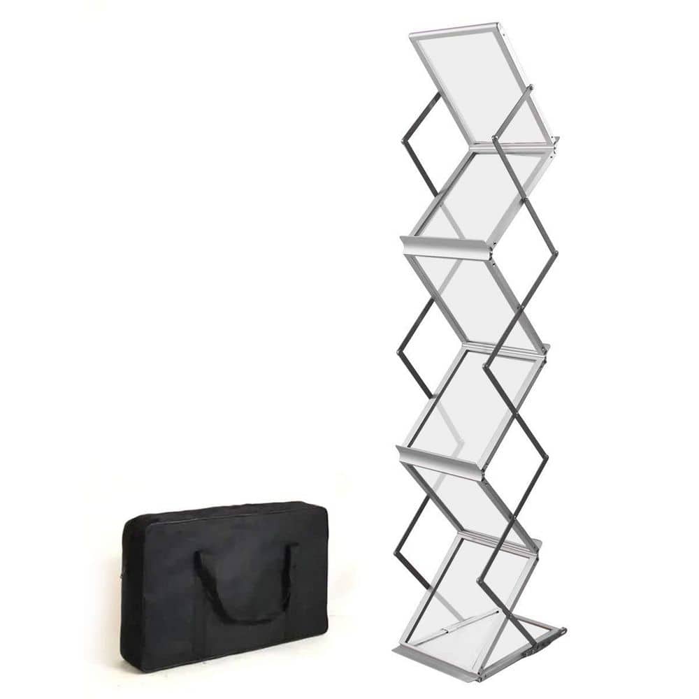 Sliver 13.8 in. x 59 in. Metal Magazine Rack Portable Pop-up Display Stand, 6 Pockets, A4 Size, for Trade Shows