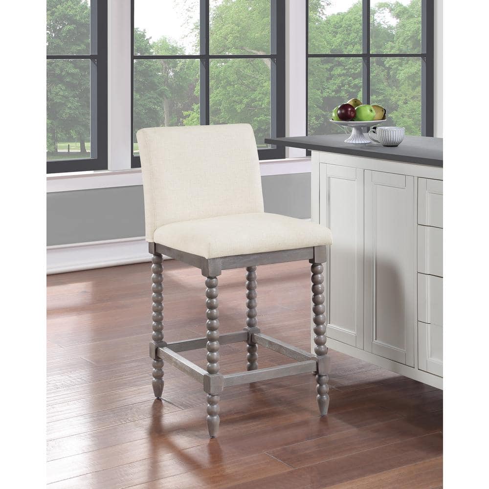 Abbott 26" Spindle Counter Stool with Padded Linen Seat, Brushed Grey Wood