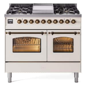 Nostalgie II 40 in. 6 Burner+Griddle Freestanding Double Oven Dual Fuel Range in Antique White with Bronze