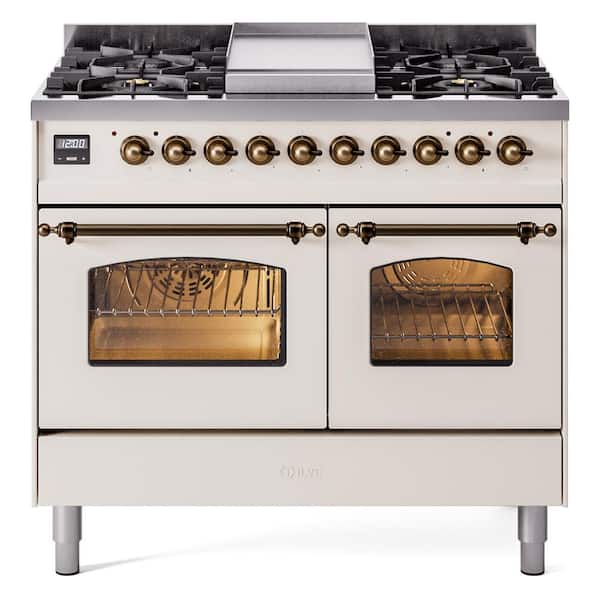 ILVE Nostalgie II 40 in. 6-Burner plus Griddle Double Oven Liquid Propane Dual Fuel Range in Antique White with Bronze