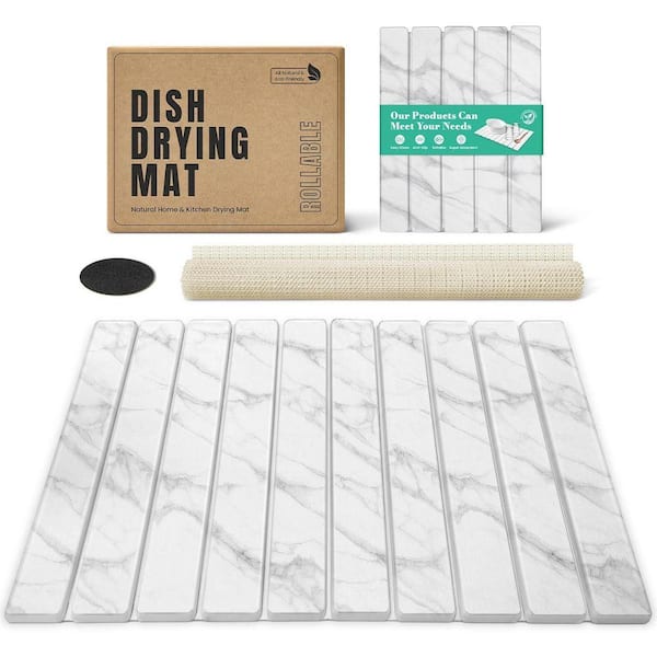 24 in. L x 16 in. W Diatomaceous Earth Stone Dish Drying Mat Collapsible Absorbent Pad Fast Dry White Marble