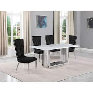 Lisa 5-Piece Rectangular White Marble Top Chrome Base Dining Set with Black Velvet Chairs Seats 4