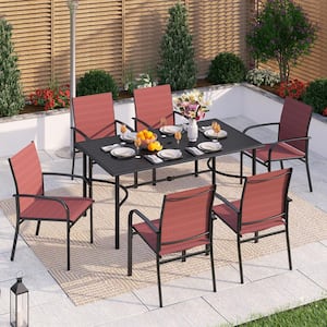 Black 7-Piece Metal Rectangle Table Outdoor Patio Dining Set with Red Textilene Chairs
