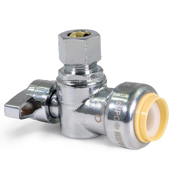 PLUMBFLEX 1/2 in. Push x 3/8 in. Comp Push-Fit Water Supply Stop Angle Valve Quarter Turn, Lead Free Chrome Plated Brass