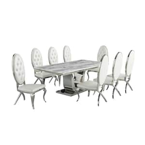 Ada 9-Piece Rectangular White Marble Top with Stainless Steel Base Table Set with 8-White Faux Leather Chairs