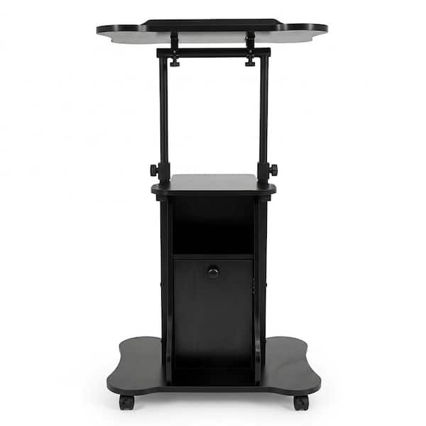 21.5 in. Black Height Adjustable Standing Desk Mobile Podium Cart with Tilt Desktop and Door Cabinet