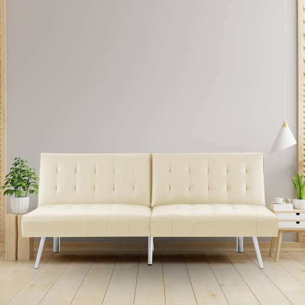 MAYKOOSH 68.5 in. W Cream Tufted Split Back Faux Leather Futon Sofa Bed, Convertible 3-Seat Sofa for Living Room