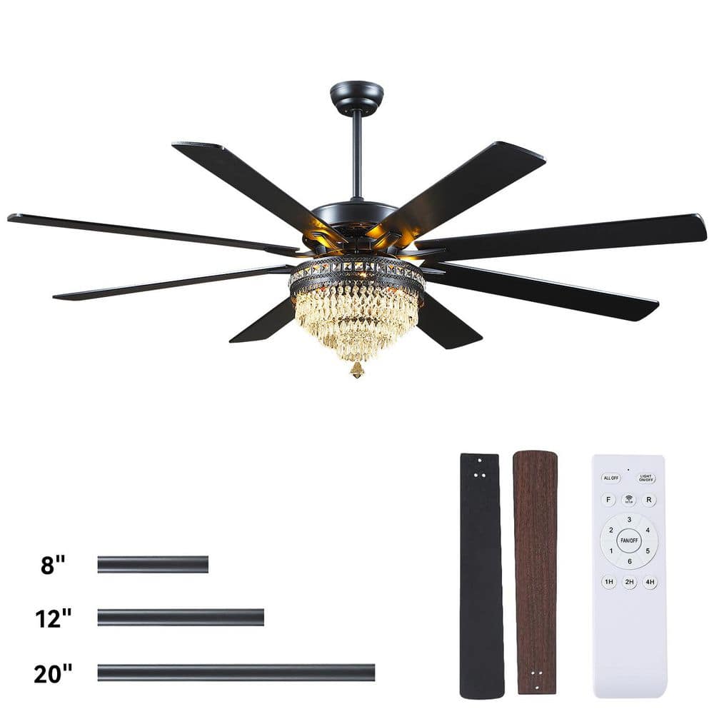 Kviflon 72 in. Indoor Crystal Chandelier Downrod Black Ceiling Fan