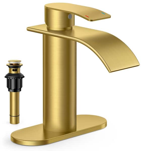 FORIOUS Single Handle Mid-Arc Bathroom Faucet with Deckplate and Pop-Up Drain in Gold