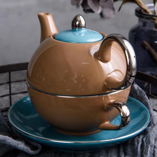 20 Pcs Ceramic Coffee Mugs Set, Luxury British Style Tea Cup Set - 6 Cups/3  fl.oz, 6 Saucers, 6 Spoons, 1 Tea Pot/15 fl.oz, 1 Stand Rack, Gold, S