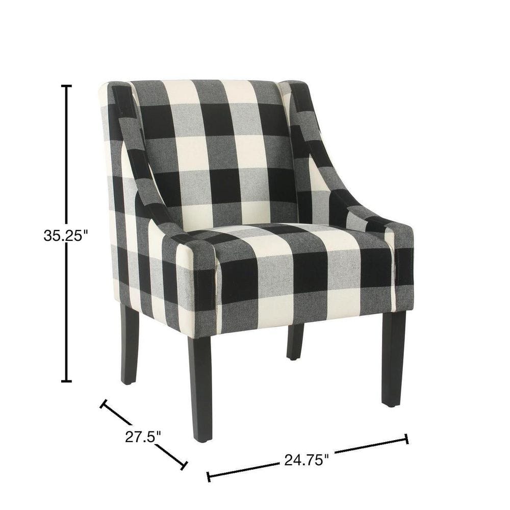 Elegant Black Plaid Wood-Legged Accent Chair