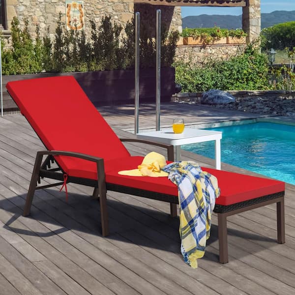 Wicker Outdoor Lounge Chair Patio Reclining Chaise Sun Lounger with Red Cushion (2-Pack)