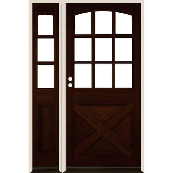 Krosswood Doors 50 in. x 80 in. Farmhouse X Panel RH 1/2 Lite Clear Glass Red Mahogany Stain Hemlock Prehung Front Door with LSL
