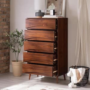 Mid-Century Modern Walnut 5-Drawer 30 in. Chest of Drawers with Curved Detailing