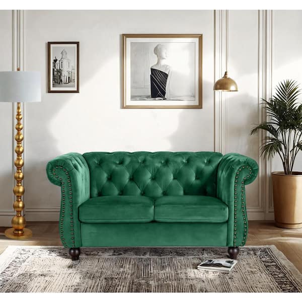 US Pride Furniture Chesterfield 62 in. Wide Rolled Arm Velvet Modern Rectangle Loveseat in Green