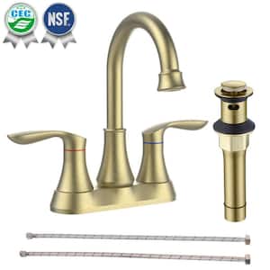 4 in. Centerset Double Handle 360° High Arc Bathroom Faucet with Drain Kit and Pop-up Drain in Brushed Gold