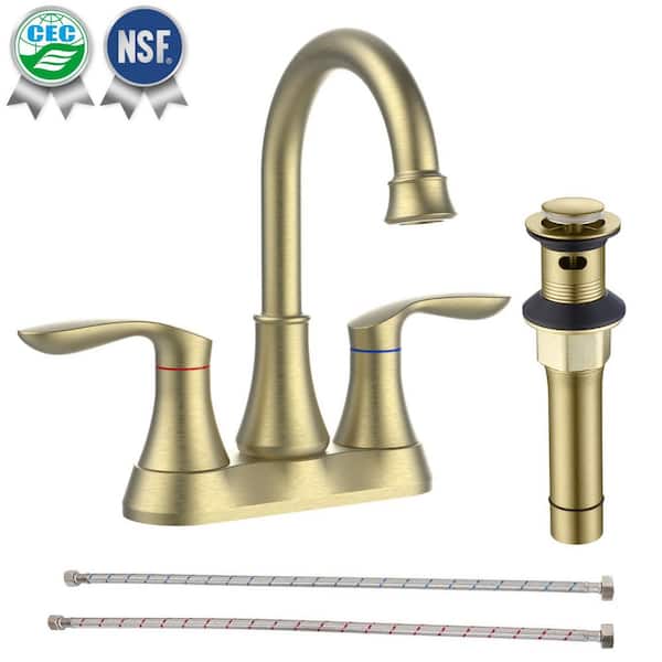 waterpar 4 in. Centerset Double Handle 360° High Arc Bathroom Faucet with Drain Kit and Pop-up Drain in Brushed Gold