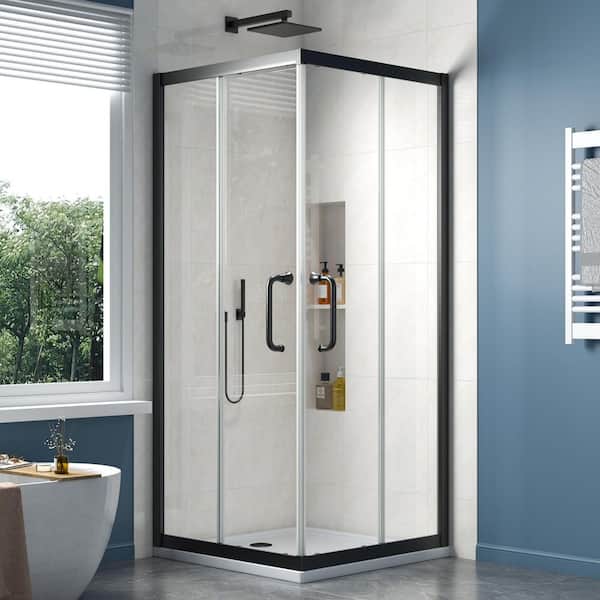 36 in. W x 72 in. H Square Sliding Framed Corner Shower Enclosure in Matte Black with 1/4 in. Clear Glass