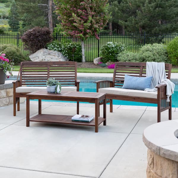 Walker Edison Furniture Company Dark Brown 3-Piece Acacia Wood Outdoor Patio Conversation Set with Off-White Cushions