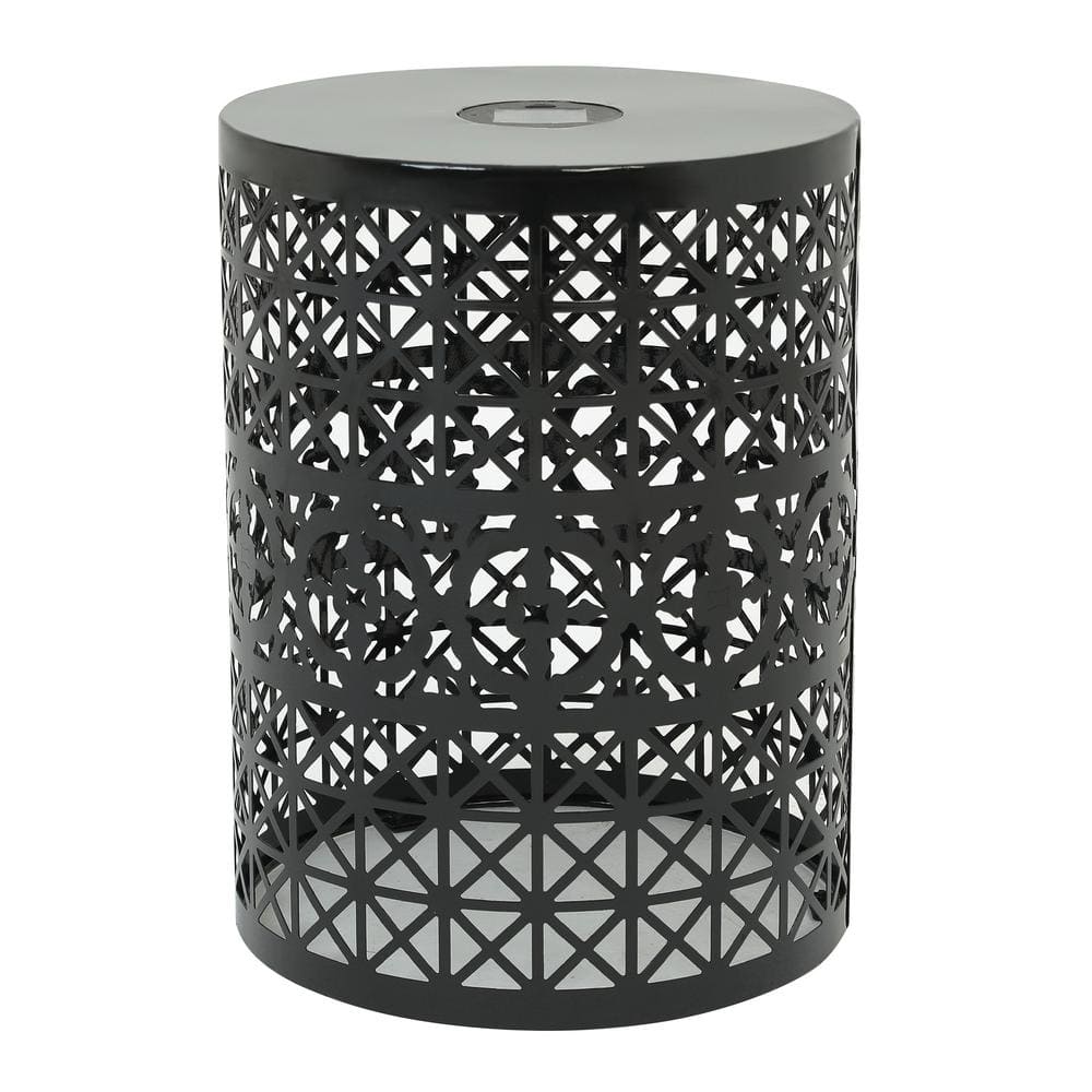 Outdoor patio metal side table, round iron table with built-in solar light,