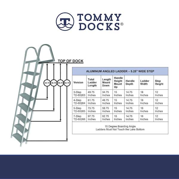 3-Step 15-in. Wide Aluminum Angled Boat Dock Ladder with Mounting Hardware for Seawalls and Stationary Dock Systems