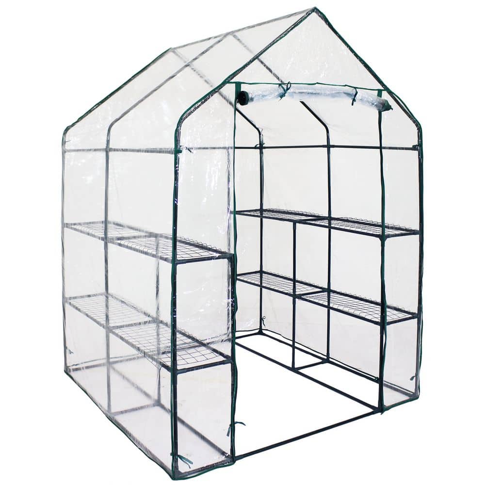Clear PVC Walk-In Greenhouse with 4 Steel Shelves