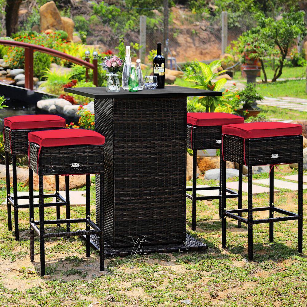 Red Cushioned 5-Piece Brown Wicker Outdoor Bar Set with Storage