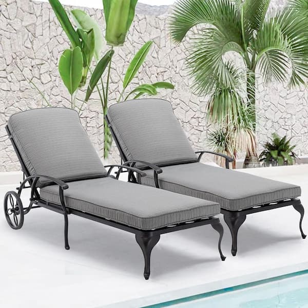 HOMEFUN Antique Bronze 2-Piece Aluminum Adjustable Reclining Outdoor Chaise Lounge Gray Cushion (Set of 2)