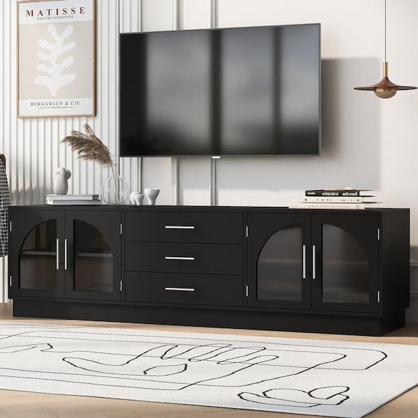 Black Modern Minimalist TV Stand Fits TVs up to 75 in. with 3 Drawers, 2 Cabinets and Adjustable Shelves