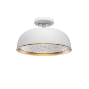 13 in. Light Matte White Adjustable CCT Semi Flush Mount Light with Gold Interior Ring and Etched Glass Shade