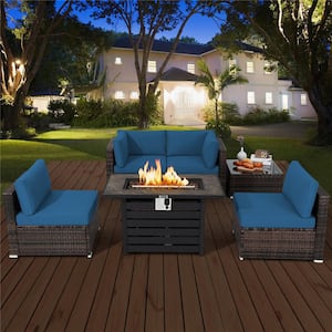 6-Piece Plastic Wicker Patio Conversation Set with Navy Cushion 42 in. Fire Pit Table