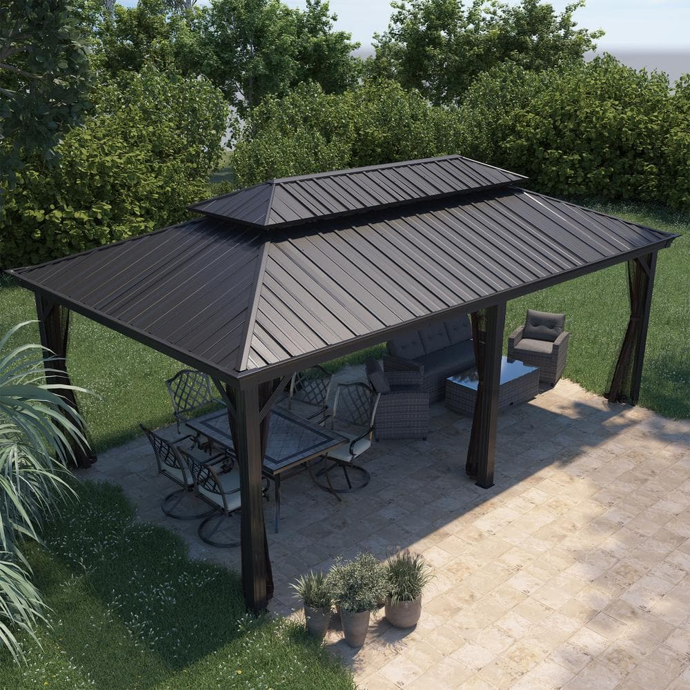 12'x20' Black Aluminum Frame Hardtop Gazebo with Nettings