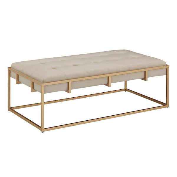 HomeSullivan Beige Velvet Gold Button Tufted Rectangle Ottoman