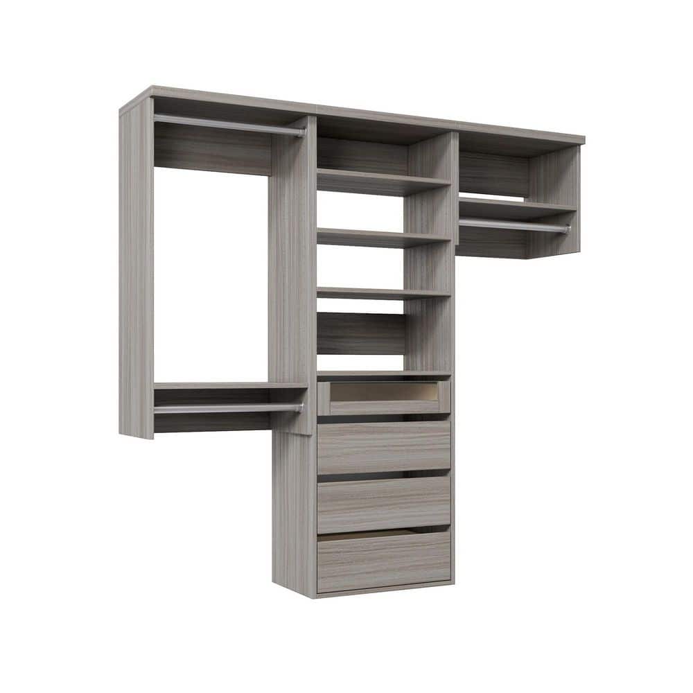 76.5 in. W Grey Oak Reach-in Wall-Mount 3-Rod 4-Reveal-Drawers 5-Shelf Wood Closet System