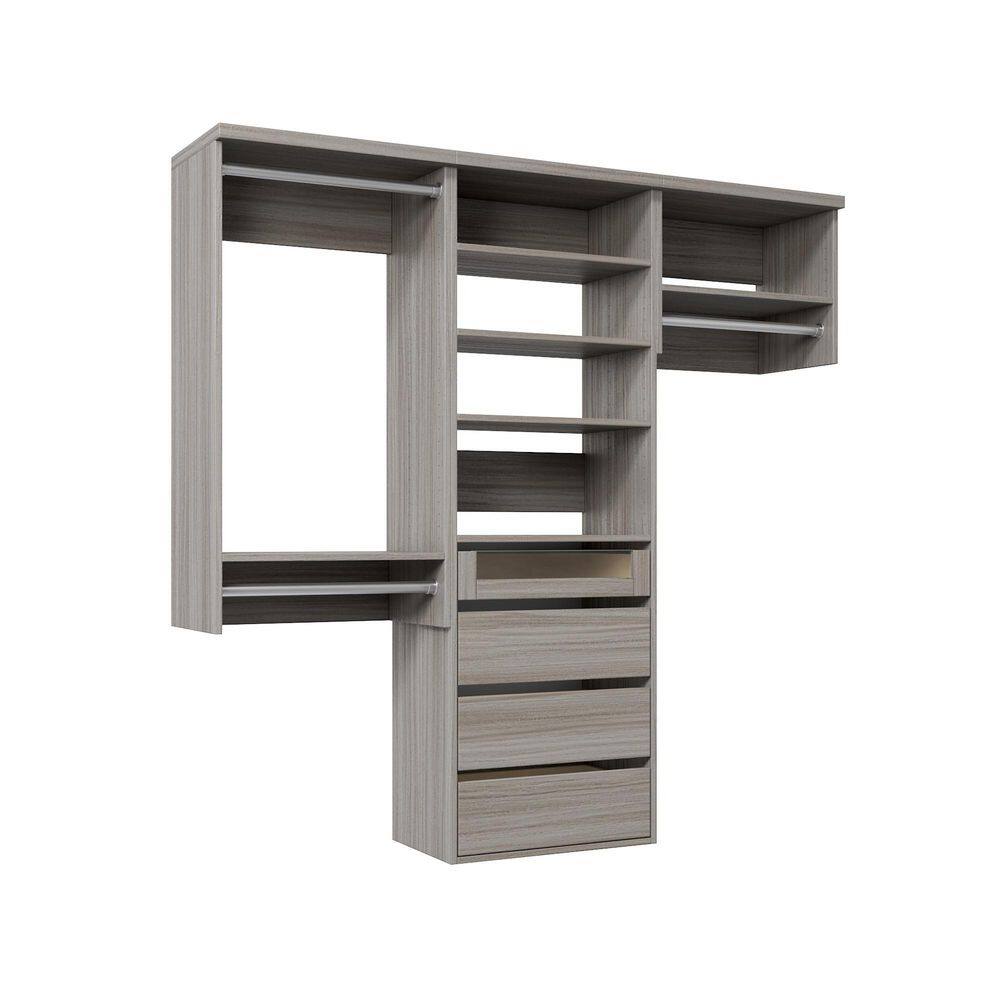 82.5 in. W Grey Oak Reach-in Wall-Mount 3-Rod 4-Reveal-Drawers 5-Shelf Wood Closet System