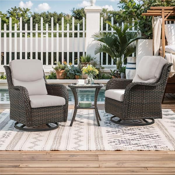Crescent 3-Piece Brown Wicker Swivel Outdoor Rocking Chairs Patio Conversation Set with CushionGuard Beige Cushions