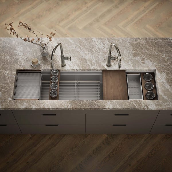 Synthos 69.75 in Undermount Single Bowl Stainless Steel Workstation Kitchen Sink with Walnut Accessory Bundle