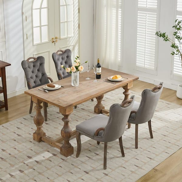 Clihome Gray Velvet Tufted Dining Chair with Solid Wood Handles and ...