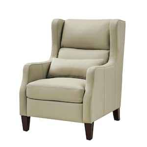 Ovill Beige Modern Genuine Leather Wingback Armchair with Pillow