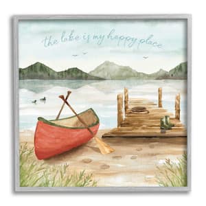 Lake's My Happy Place Phrase Boat Dock Landscape By Dina June Framed Print Nature Texturized Art 24 in. x 24 in.