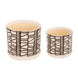 8 in. White and Brown Ceramic Planter with Saucer and Abstract Design (Set of 2)