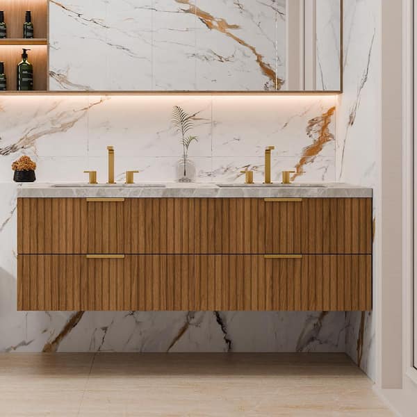 Loiry 59.84 in. Double Ceramic Sinks Floating Espresso Bath Vanity with Light Gray Sintered Stone Top Pre-assembled
