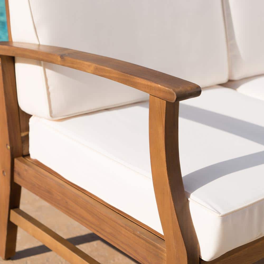 Teak Wood 6-Person Outdoor Sofa and Armchair Set with Cream Cushions