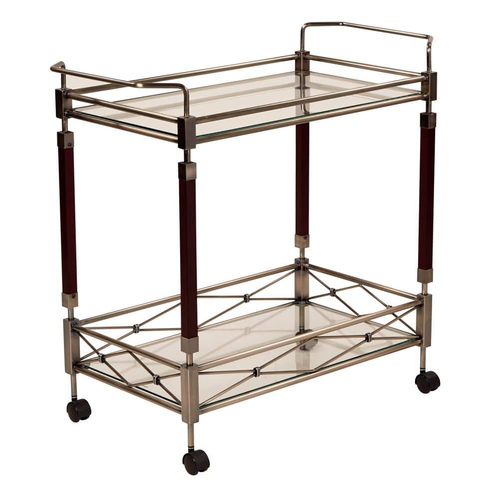 Walnut and Antique Brass Rectangular Serving Cart with Storage