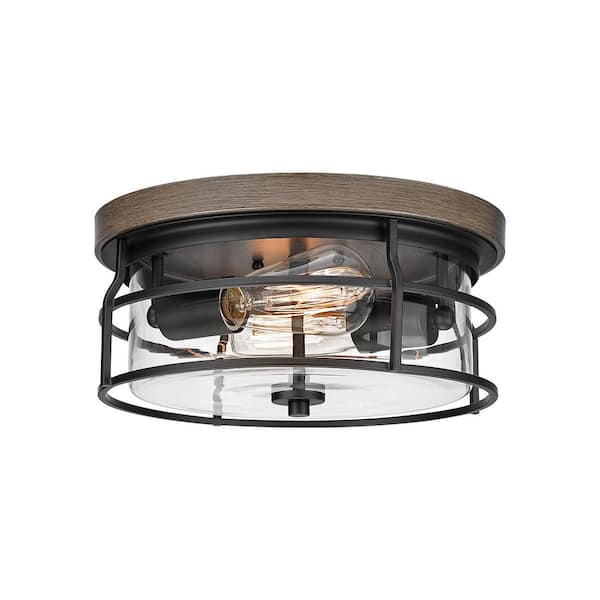 JAZAVA 12 in. 2-Light Black Farmhouse Flush Mount with Clear Glass Shade