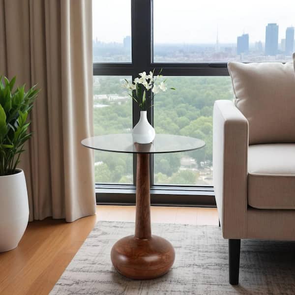 Brown 18 in. Round Smoke Glass Top Teardrop Accent Table
