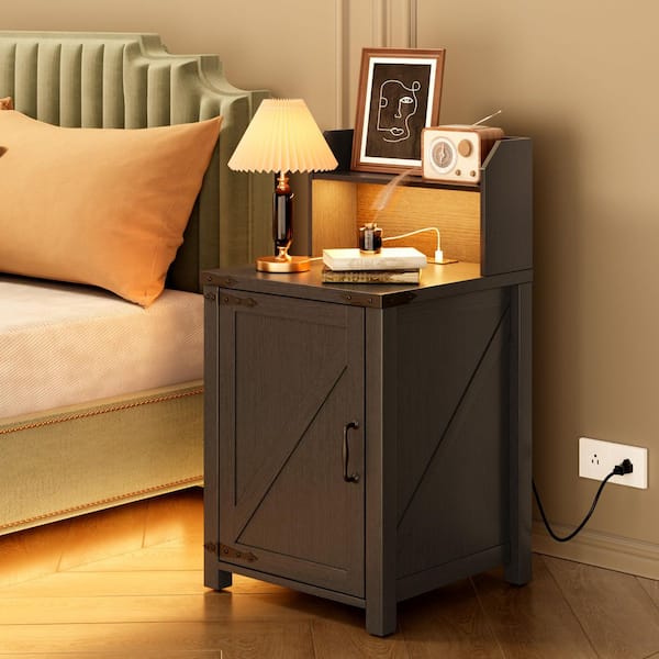 Black Side Table, Nightstand with Charging Station, Barn Door Design, Adjustable Shelf, for Bedroom Living Room