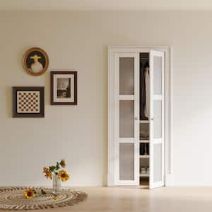 30 in. x 80 in. 3-Lite Tempered Frosted Glass Solid Core White Finished Pivot Bi-fold Door with Two Types of Hardware